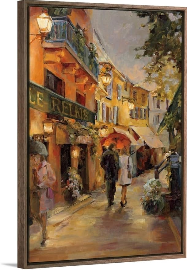 CANVAS ON DEMAND Evening in Paris Walnut Float Framed Canvas Wall Art Print by Marilyn Hageman, Traditional, Home Decor, Street Scene Artwork, Nature Artwork, 12" x18in