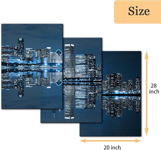 Pacimo Chicago Cityscape Modern Canvas Wall Art Prints Artwork Skyscrapers at Night View Paintings City Skyline Pictures Painting for Home Decorations Decor Framed Ready to Hang - 20"x28"x3 Panels
