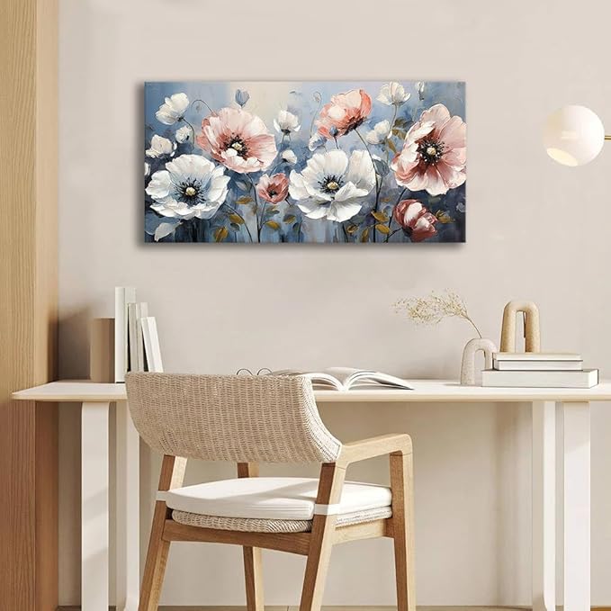 BYXART Pink & White Flower Canvas Painting Stunning Flower Canvas Wall Art In Light Blue-Gray Tone Background Floal Picture Abstract Artwork for Bedroom Living Room Office Bathroom Wall Decor 40Lx20W