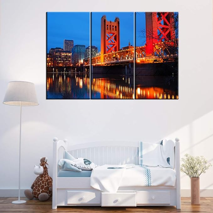 Cityscape Picture Urban Landscape Art: The Tower Bridge Crosses the Sacramento River in the heart of Downtown Sacramento, California Print on Canvas Decor Ready to Hang - 28‘’ x 14‘’ x 3 panels