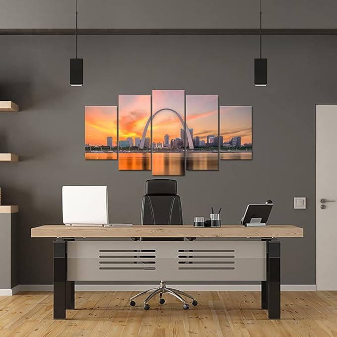Canvbay 5 Piece City Skyline Canvas Wall Art St. Louis Gateway Arch at Sunset Painting Pictures USA Missouri Cityscape at Dusk Giclee Print Artwork for Living Room Home Decor Framed Ready to Hang