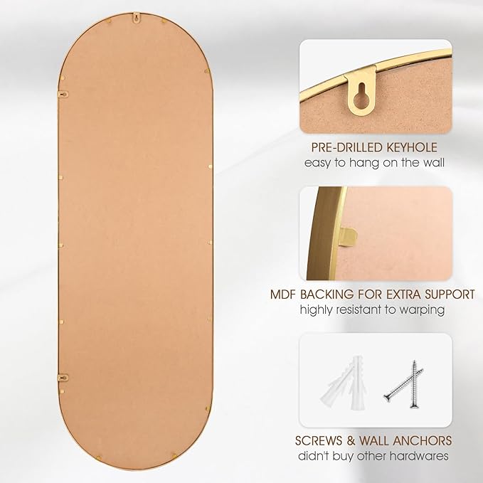 Oval Full Length Mirror, 16"x47" Metal Beaded Frame Large Hanging Dressing Floor Mirror for Bedroom, Living Room, Entryway, Antique Gold (No Stand)