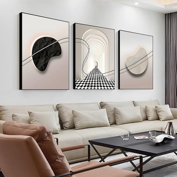 ARTFEB Abstract Modern Framed Canvas Wall Art Set, Geometric Line Wall Decor, Minimalist Neutral Wall Painting, Beige Black Art Prints for Living Room, Bedroom, Office(Black, 24" X 32" X 3 pieces)
