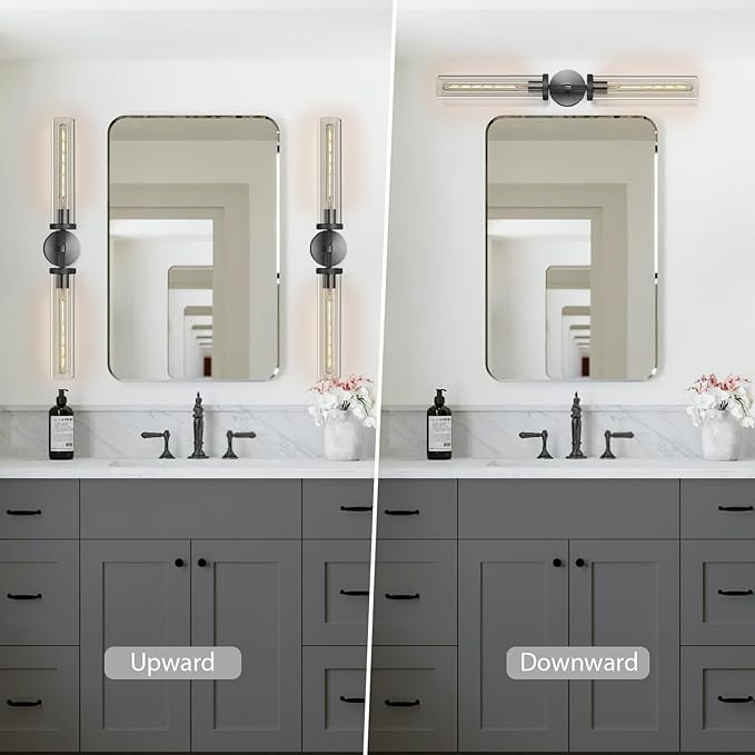 Black Wall Sconces Set of Two, 30" Modern Wall Lighting, Double Lights with Clear Glass Tubes, Knurled Vanity Light for Bathroom, Living Room, Bedroom, Hardwired (Including Bulb)