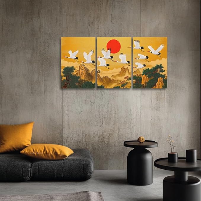YMXZHUANSH Flying Crane & Mountain Water Painting 3 Peice Chinese Landscape Picture Oriental Wall Art with Red Sun Asian Decor for Living Room Study Tea House 12x16inchx3 (30x40cmx3)