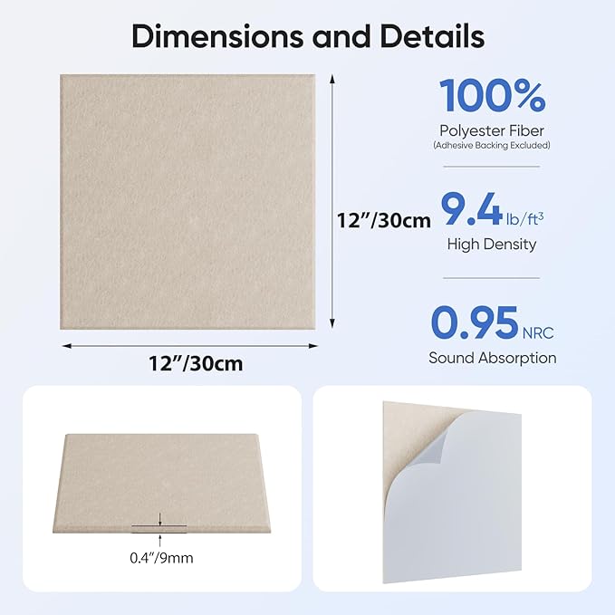 12 Pack 12" X 12" X 0.4" Acoustic Panels for Wall Sound Absorbing, Square Self-Adhesive Sound Panels, High Density Suitable for Multiple Scenarios(Light Camel)
