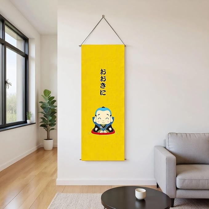 Japanese Tapestry Wall Art - Good Fortune Feng Shui & Lucky Symbols | W15.7xH47.2", Long Vertical Hanging Decor for Bedroom, Living Room, Office | Washable Fabric with Calming Zen Design (Little Monk)CTT-133