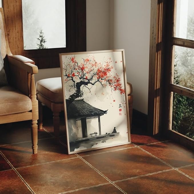Japanese Ink Wash Painting Poster, Zen Wall Art Print with Red Blossoms, Traditional Asian Landscape Artwork, Japandi Minimalist Home Decor for Gallery or Living Room (Unframed) (20x30)