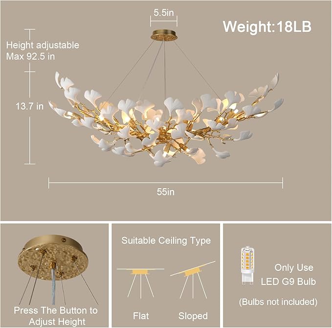 Modern Gold Leaf Chandelier for Dining Room, 55-inch Rectangle Ceramic Ginkgo Leaf Chandelier Over Table, Tree Branch Chandeliers for Living Room and Kitchen