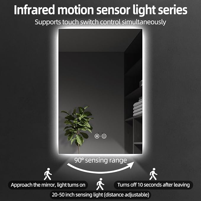 Backlit LED Bathroom Mirror, Infrared Motion Sensor Vanity Mirror with 3-Color Lights, Stepless Dimmable Wall Lighted Mirror with Anti-Fog, Memory, Rectangular (36" L x 24" W)