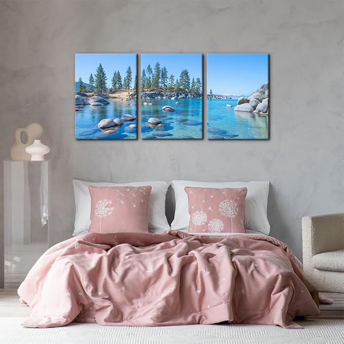 Pacimo Canvas Print Wall Art Set Vibrant Forest & Rocky Lake Landscape Nature Wilderness Photography Realism Rustic Scenic Modern Artwork Decor Stretch Framed Ready to Hang - 20"x28"x3