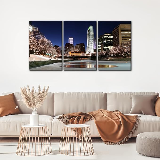 Pacimo Canvas Wall Art Decor Omaha Cityscape Modern Artwork for Wall Painting City Skyline Night View Pictures Gallery Wrapped Posters and Prints Stretch and Framed Ready to Hang - 16"x24"x3 Panels