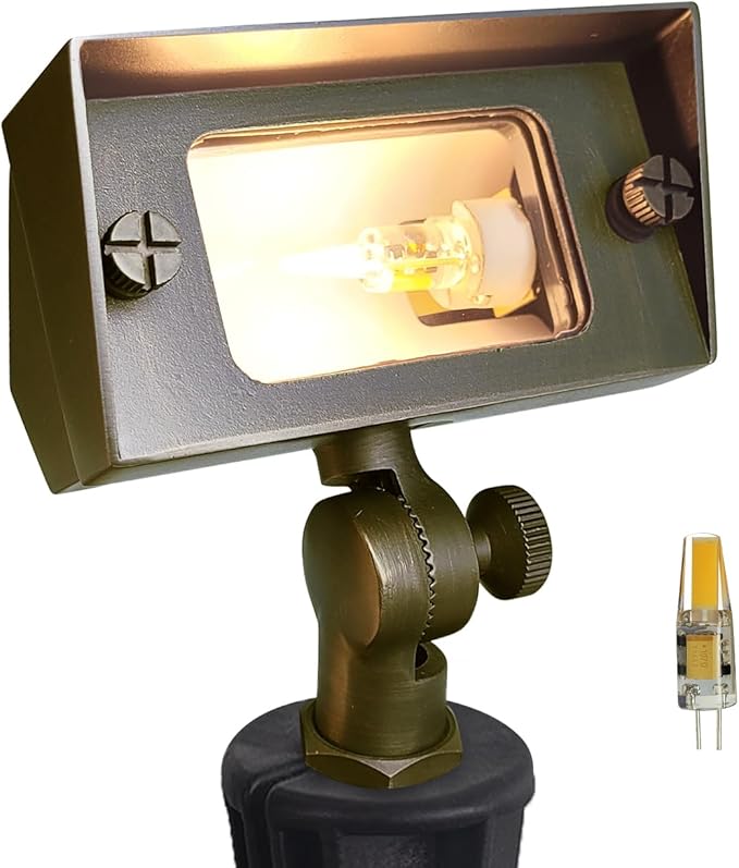 COLOER Brass Small Rectangular Flood Lights Outdoor with 2W 2700K Warm White LED G4 Bulb, 12V Low Voltage Landscape Outside Lights for House Illuminating Signs, Walls and Plant Material