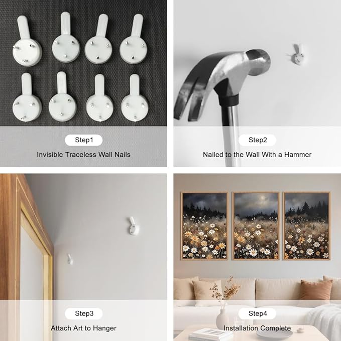 Moody Wildflower Framed Canvas Wall Art Set, Calming Nature Dark Floral Wall Decor, Boho Misty Forest Botanical Meadow Artwork Modern Landscape Print for Living Room,Bedroom-24 x36 x3