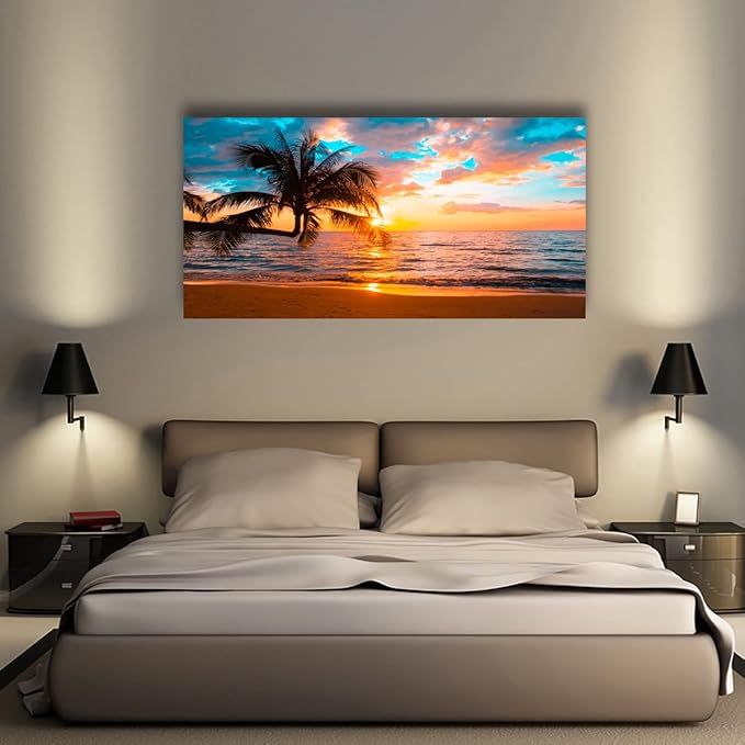 Beach Sunset Pictures Canvas Wall Art For Living Room Bedroom Wall Decor,Sunset Wall Art Print Paitnings For Home Decor,Morden Artwork Palm Cloud Canvas Art Waterproof Ready To Hang-24x48 Inches