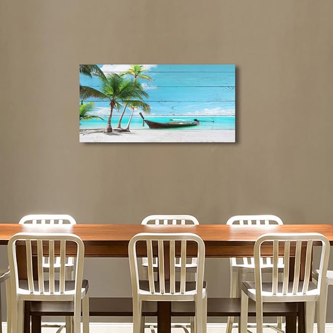 Beach Canvas Wall Art Seascape Pictures Home Decor Ocean Coconut Tree Sunset Poster Prints Paintings for Living Room Bathroom Bedroom Kitchen Office Decorations Natural Landscape Artwork 24x48inches