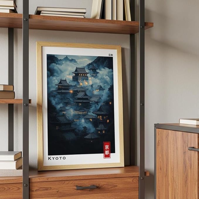 Kyoto Mystic Village Poster, Japanese Temple Wall Art Print with Night Landscape, Japandi Asian Artwork, Traditional Home Decor for Bedroom, Gallery or Living Room (Unframed) (16x24)