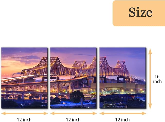 Pacimo Canvas Print Wall Art Set New Orleans Cityscape Modern Walls Decoration for Living Room Bedroom Office Crescent City Connection Bridge Pictures Painting Framed Ready to Hang - 12"x16"x3 Panels