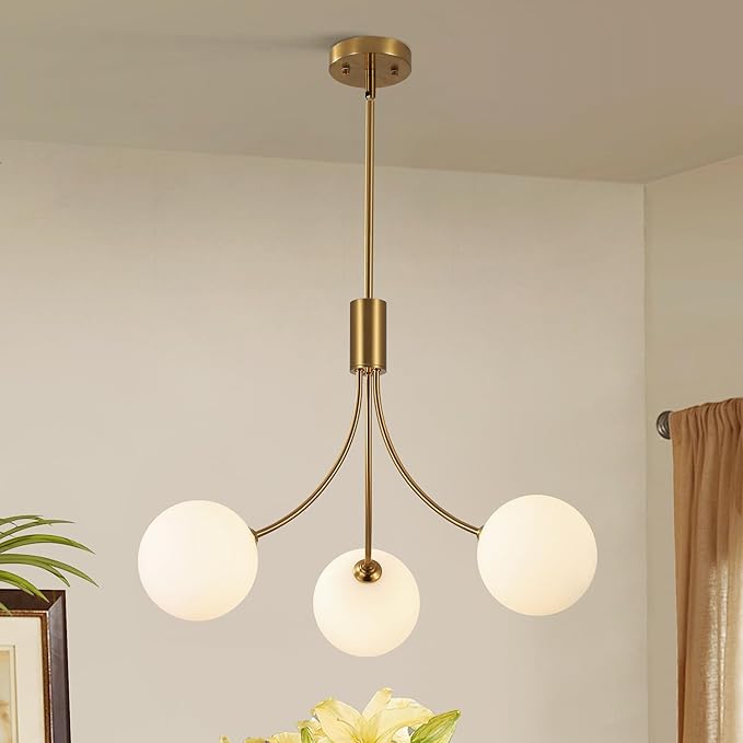 3-Light Modern Farmhouse Gold Chandeliers for Dining Room, Mid Century Pendant Lights Kitchen Island, Globe Sputnik Chandelier for Entryway Living Room Bedroom Office Bathroom