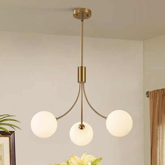 3-Light Modern Farmhouse Gold Chandeliers for Dining Room, Mid Century Pendant Lights Kitchen Island, Globe Sputnik Chandelier for Entryway Living Room Bedroom Office Bathroom
