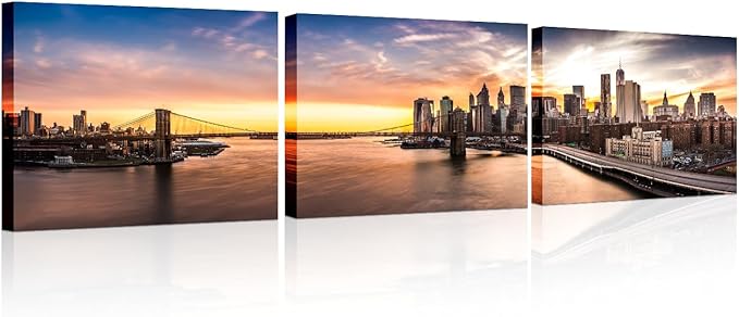 New York Cityscape Wall Art Painting on Canvas Brooklyn Bridge Panorama at Sunset Bedroom Wall Art Modern Home Decor House Decorations for Living Room Bathroom Pictures Framed Ready to Hang 12x48 Inch