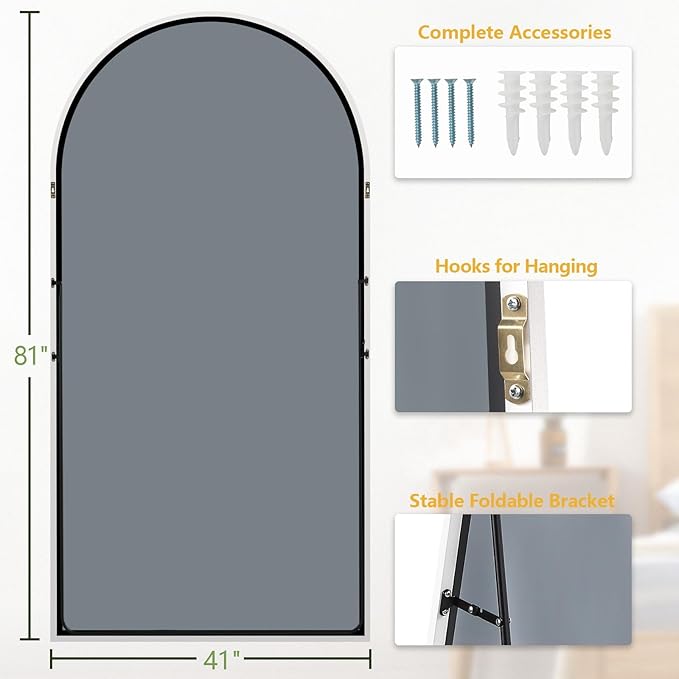 Arched Full Length Mirror, 81"x41" Large Floor Mirror with Stand, Oversized Full Body Mirrors for Leaning or Hanging, Wall Mounted Mirrors for Bedroom, Living Room,Dressing Room, White
