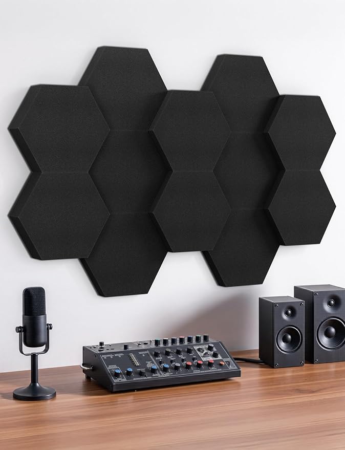 Acoustic Foam Panels, 1.57" & 2.75" Dual-thickness, 12 Pack Sound Absorbing Foam Tiles for Walls, Doors, Ceiling, 12" x 10" 3D Hexagon Decorative Art Panels for Recording Studio, Room, Pared (Black)
