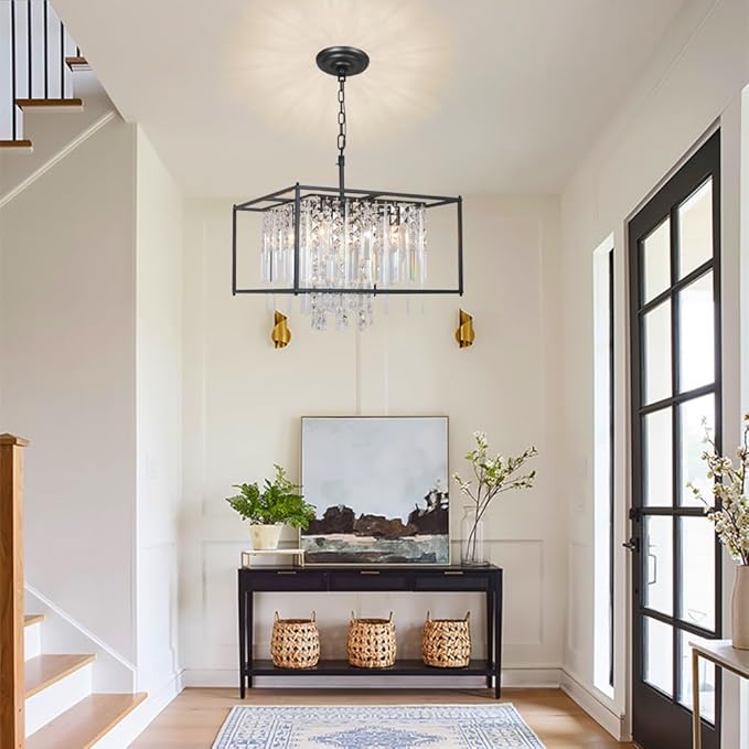 4-Lights Black Farmhouse Chandelier, 19.7 inch Industrial Crystal Chandelier Metal Pendant Light for Kitchen Island Dining Room Living Room