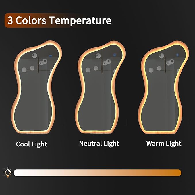 48" x 24" Irregular Led Wood Full Length Mirror with Lights Wavy Floor Mirror,Shatter-Proof Hanging/Leaning Irregular Asymmetrical Wall Mirror Wooden Framed Mirrors for Living Room Bedroom Entryway