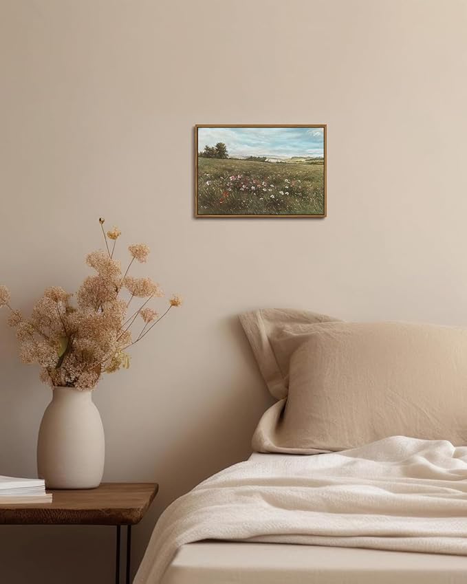 KISSFOX Vintage Landscape Canvas Wall Art Farmhouse Colorful Wildflower Meadow Framed Wall Art Summer Natural Serene Countryside Paintings Artwork Rustic Art Prints For Bedroom Bathroom Living Room