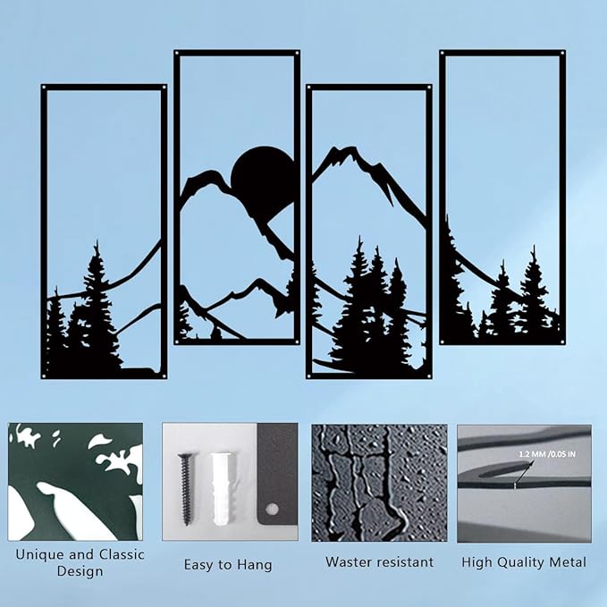 Metal Sunset Mountain Forest Wall Decor Set of 4, Minimalist Line Drawing Large Mountains Wall Art Home Decor for Living Room Bedroom Office…