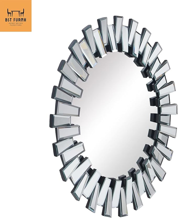 BST FURNH Round Mirror Wall Decor 24 Inches Decorative Wall Mirror with Irregular Framed and Beveled Edge Mirrors for Wall Silver Large Wall Mirror Frameless Mirrors