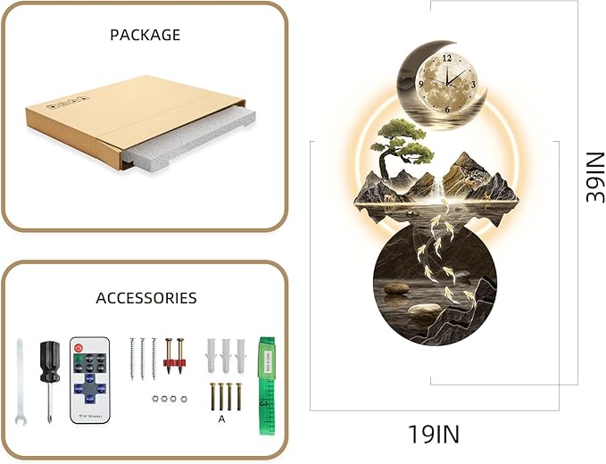 LED Light Art Wall Decor, 3D Art Wall Decor Clock, Decors Walls Sculptures with Lights, Modern Home Decors Landscape Walls Sculpture, Plug-in Power Supply, Gold G, 19x39IN