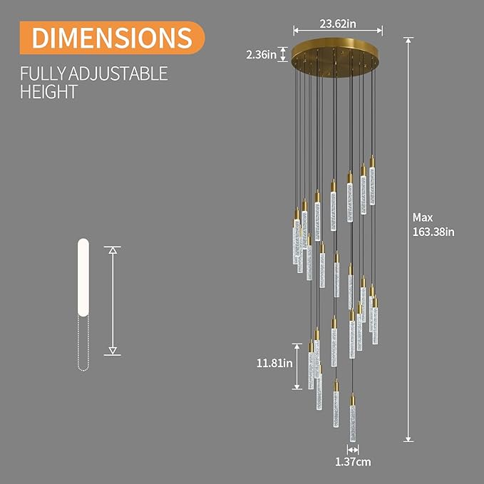 24-Light Modern Living Room Chandelier Gold Brass Finish Crystal Ceiling Pendant Lights LED Dimmable 144W 6000K Staircase Large Chandeliers for Entryway Lobby Foyer High Ceiling Chandeliers