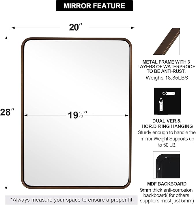 ANDY STAR Bronze Mirror for Wall, 20x28 Rounded Rectangle Farmhouse Mirror, Brushed Bronze Bathroom Mirror for Wall, Modern Vanity Mirror in Metal Frame Hang Vertically or Horizontally