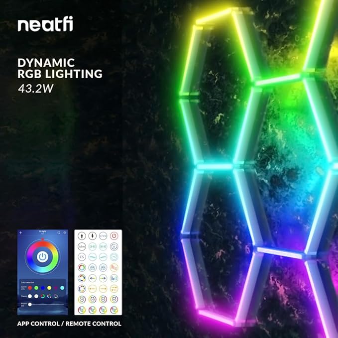 Neatfi LED Hexagon Garage Lights, 43.2W, Honeycomb Ceiling Light for Auto Shops, Car Detailing, Workshop, Gym, Basement, Warehouse, Barber Shop and Beauty Salons (5 Hex Grids, RGB)