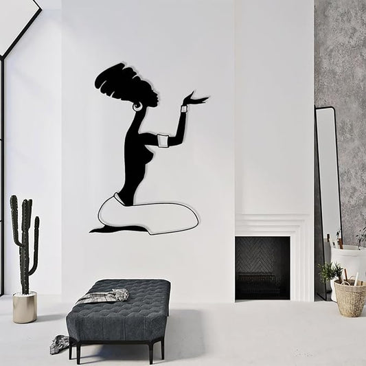 Metal African Woman Wall Art, Black Woman Wall Art, African American Figurines Decor, African Art Sculptures, Tribal Wall Art, Modern Abstract Wall Art, Wall Hangings for Living Room (Black, 48"x33"|121x84cm)