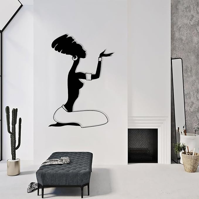Metal African Woman Wall Art, Black Woman Wall Art, African American Figurines Decor, African Art Sculptures, Tribal Wall Art, Modern Abstract Wall Art, Wall Hangings for Living Room (Black, 35"x25"|90x63cm)
