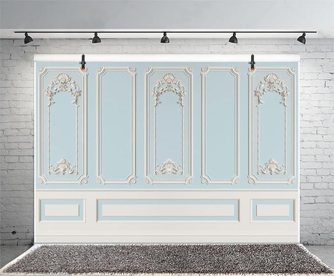 Leyiyi 12x10ft Blue White Vintage Room Inside Backdrop European Frame Modern House French Castle Cementery Wall Retro Style Photo Background Cowboy Kids Birthday Portrait Studio Props Vinyl Wallpaper