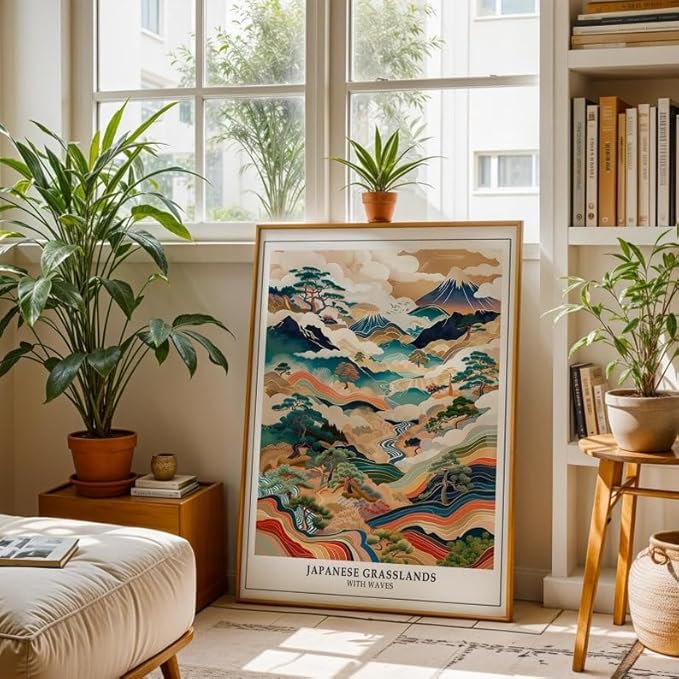 Japanese Grasslands Poster, Abstract Wabi Sabi Wall Art Print, Traditional Asian Landscape Artwork, Japandi Minimalist Home Decor for Living Room or Bedroom (Unframed) (24x36)