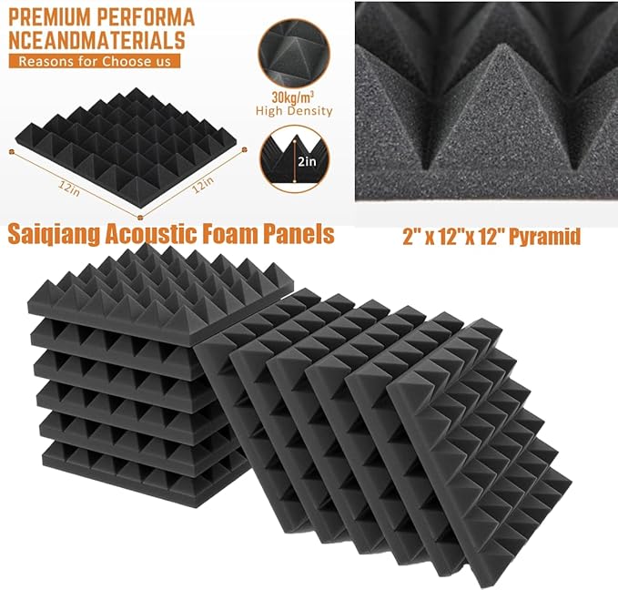 24 Pack Pyramid Designed SoundProof FoamPanels 2" x 12"x 12" Saiqiang Acoustic Foam Panels Soundproofing Sound Absorbing Black Sound Proof Foam Panels for Walls