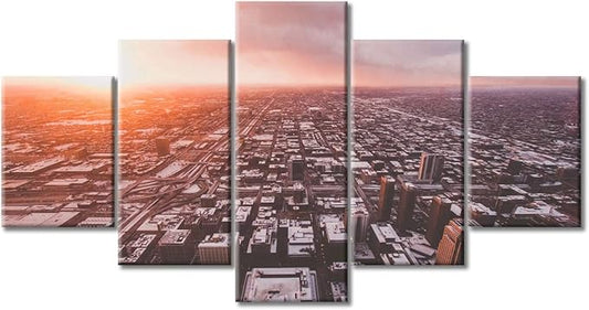 Chicago Sprawling at Sunset Wall Decor for Bedroom 5 Piece Chicago Skyline Cityscape Pictures Artwork Paintings Print on Canvas Giclee Print Gallery Packaging Artwork Ready to Hang (60"Wx32"H)