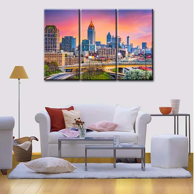Cityscape Pictures for Living Room Native American Wall Art House Decorations 3 Panel Canvas Atlanta, Georgia Skyline Painting Sunset Home Decor Modern Artwork Framed Ready to Hang - 28‘’x14‘’x3