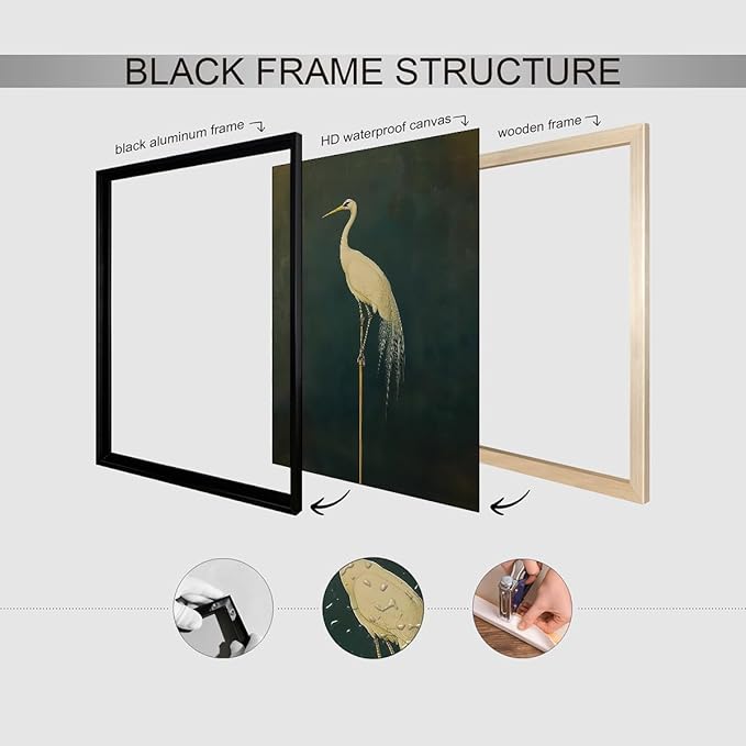 Black Framed Canvas Wall Art Posters Vintage Bird Prints Japanese Crane Retro Asian Bird Picture Abstract Maximalist Green Decor 16X20 inch for Bedroom Living Room Office Gallery