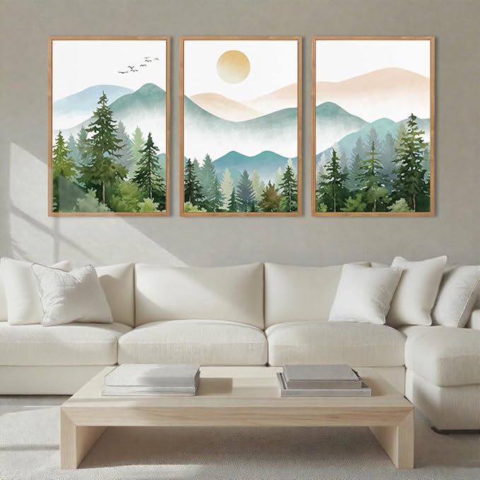 Anyzal Framed Green Mountain Wall Art Forest Painting Framed for Living Room Bedroom Bathroom 16x24 Inch Set of 3