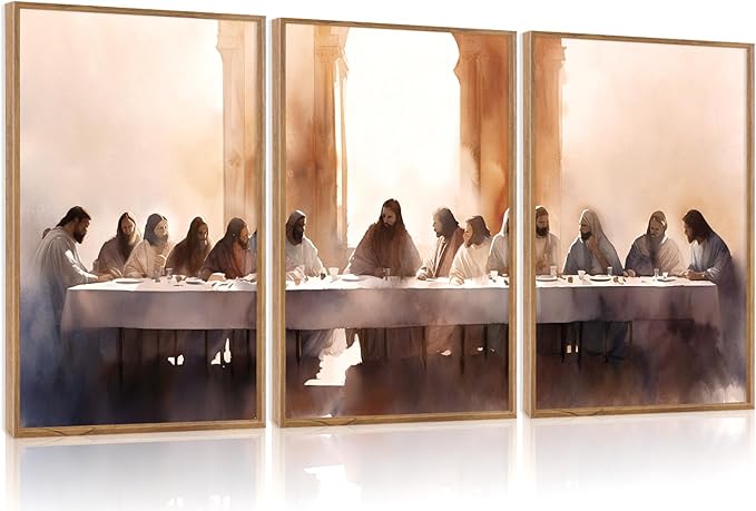 Aurlan Jesus Last Supper Bible Story Wall Art(24"x36"), 3PCS Boho Christ Christian Easter Gifts Canvas Artwork, Neutral Spiritual Religious Faith Decor Prints for Office Home