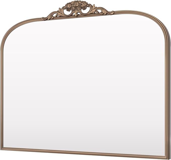 Keonjinn Vintage Gold Mirror, 40" x 30" Large Arched Mirrors with Metal Frame for Wall, Brass Baroque Mirror, Ornate Decorative Mirror for Mantle, Bathroom, French Cleat Mounting