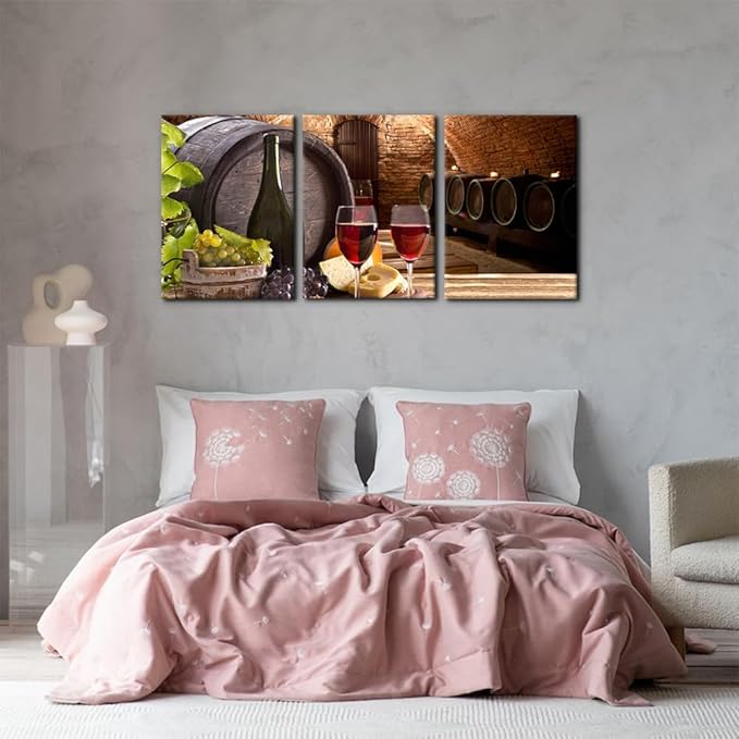 Kitchen Wall Art Red Wine Cellar Pictures Wooden Barrel and Fruit Grape Painting for Living Room 3 Panel Canvas Artwork House Modern Decor Giclee Posters Prints Framed Ready to Hang - 20"x28"x3