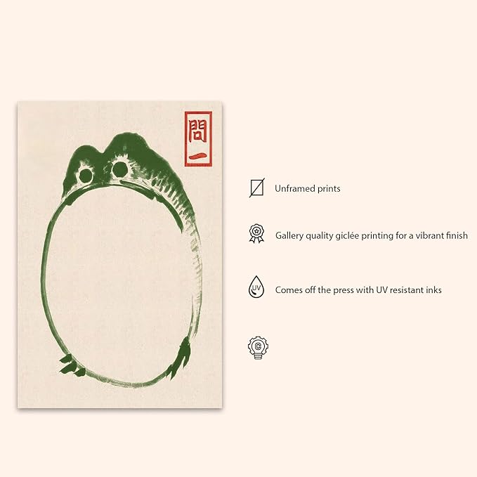 OZCONO Japanese Frog Art Print, Traditional Minimalist Green Ink Unframed Wall Art (18L x 12W)