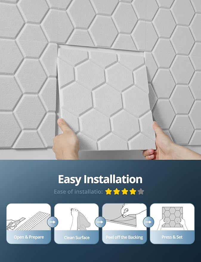 Acoustic Wall Panels Sound Absorbing, Honeycomb Self Adhesive Wall Tiles Panel, 18 Pack Decorative Hexagon Design for Studio, Home Office, Gaming Room, Acoustic Treatment, 12"x12"x0.4", White